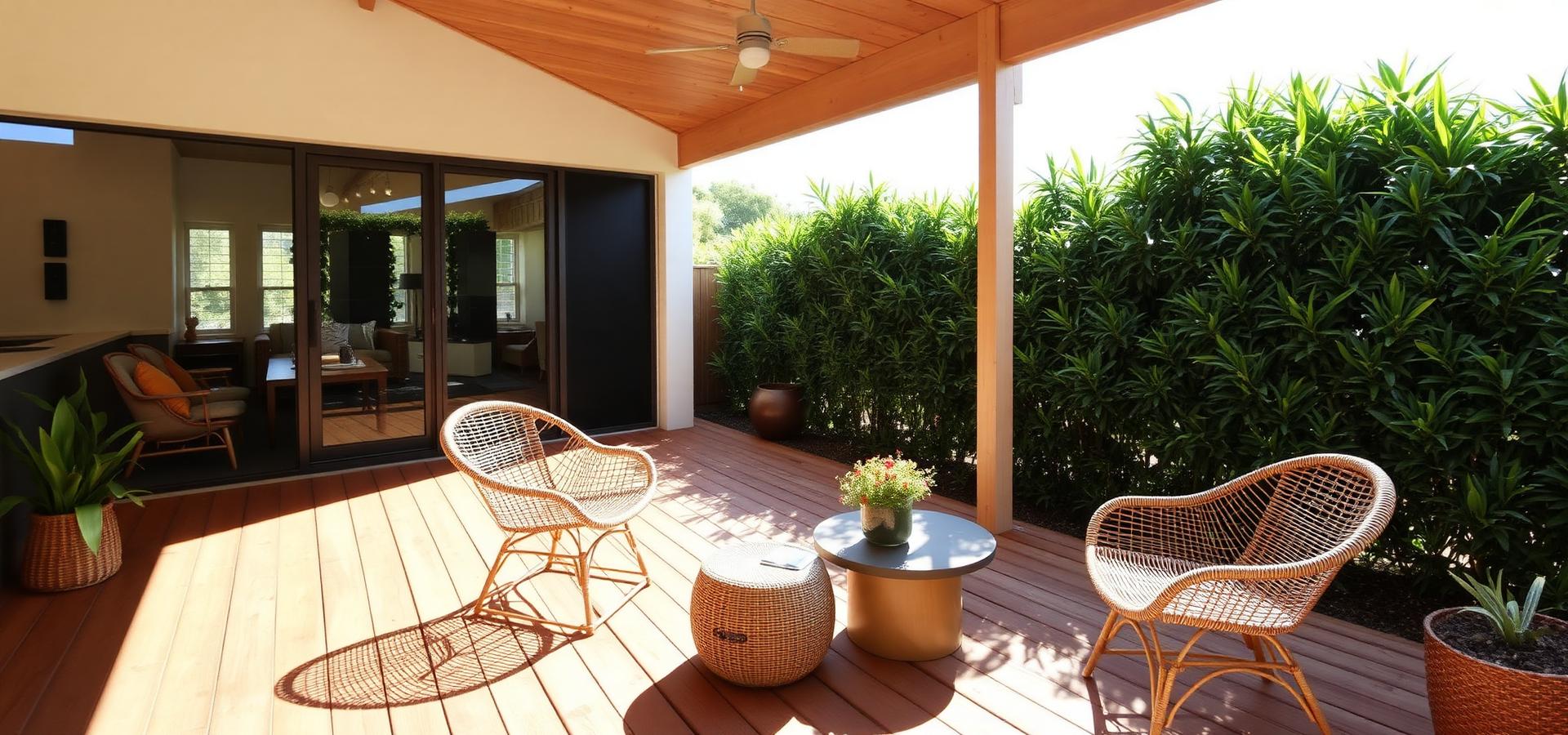 Outdoor living deck with rattan chairs